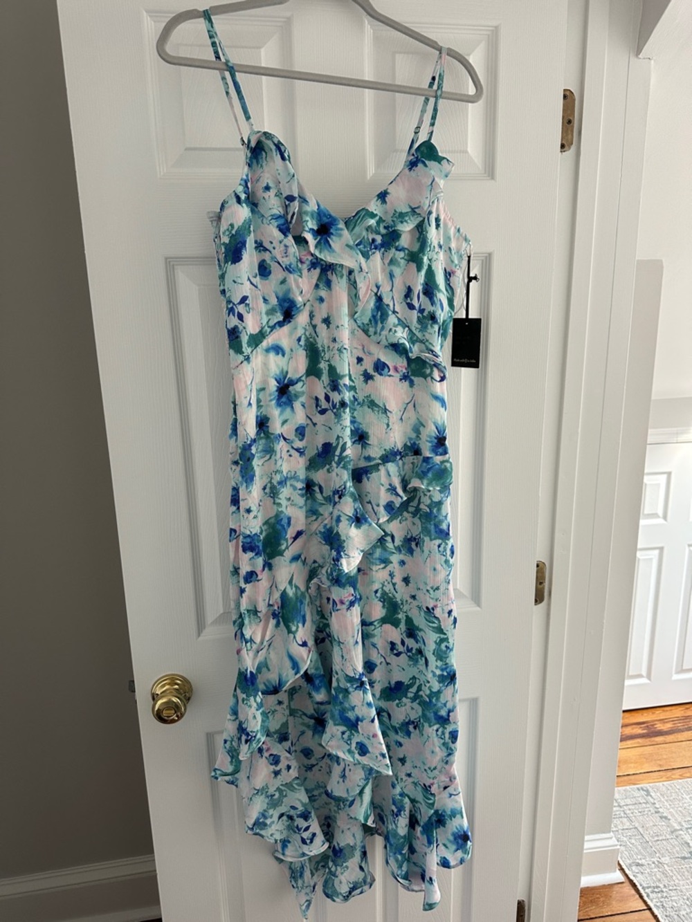 Japna Blue and Teal Floral High-Low Ruffle Dress